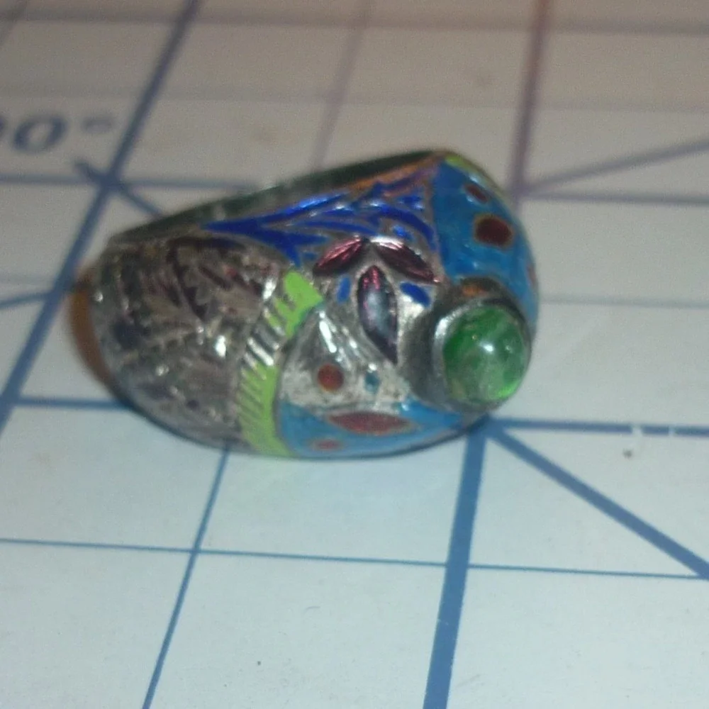 Vintage Chinese Export Cloisonne Enamel Silver Ring Green Cabochon Size 6.25